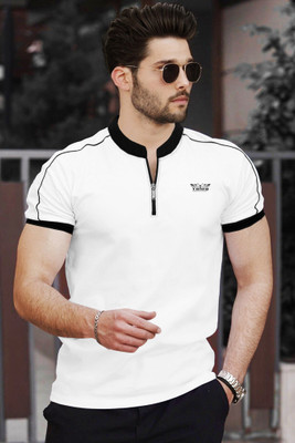 TRIPR Solid Men Mandarin Collar White, Black T-Shirt