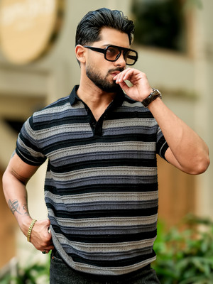 MANIAC Striped Men Polo Neck Black T-Shirt