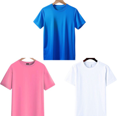 TTFE Solid Men Round Neck Blue, Pink, White T-Shirt