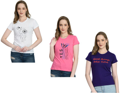 IndiWeaves Printed Women Round Neck White, Pink, Purple T-Shirt