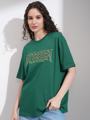 Tokyo Talkies Self Design Women Round Neck Green T-Shirt