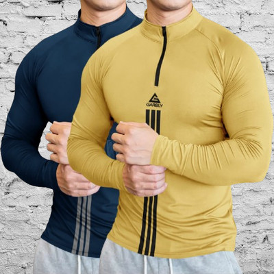 GGARBLY Striped Men High Neck Blue, Yellow T-Shirt
