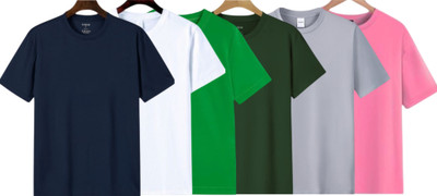 P collection Solid Men Round Neck Navy Blue, White, Light Green, Green, Silver, Pink T-Shirt