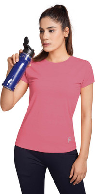 FitFlex Solid Women Round Neck Pink T-Shirt