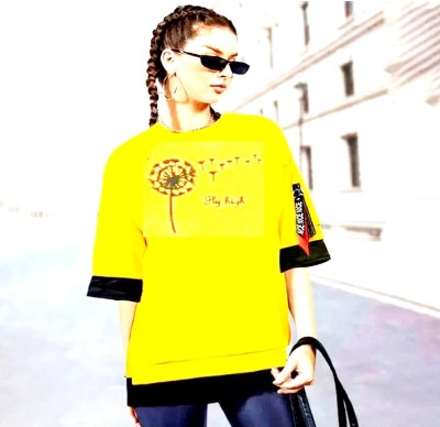 EJIS Printed, Typography Women Round Neck Yellow T-Shirt