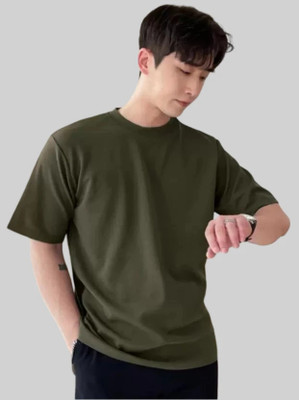 HouseOfCommon Solid Men Round Neck Dark Green T-Shirt