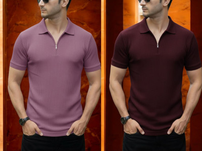 DSV Self Design Men Zip Neck Purple, Maroon T-Shirt
