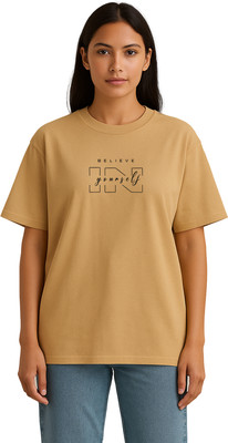 Buddy Collection Typography Women Round Neck Beige T-Shirt
