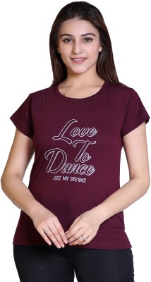 Ogarti Printed Women Round Neck Maroon T-Shirt