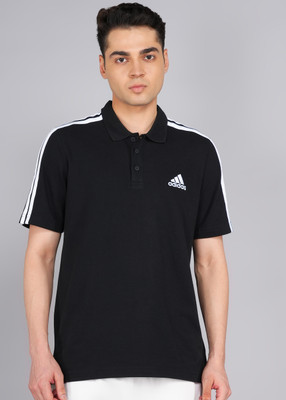 ADIDAS Striped Men Polo Neck Black T-Shirt