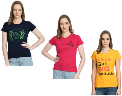 IndiWeaves Printed Women Round Neck Navy Blue, Brown, Beige T-Shirt