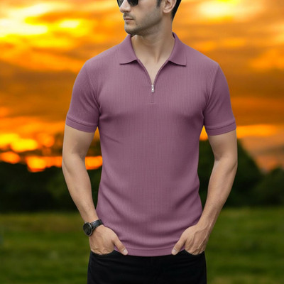 The Stanch Self Design Men Polo Neck Purple T-Shirt
