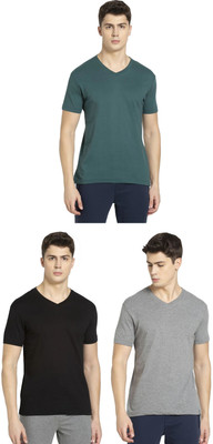 JOCKEY Solid Men V Neck Grey, Dark Green, Black T-Shirt