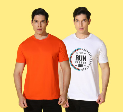WOOSTRO Solid Men Round Neck White, Orange T-Shirt