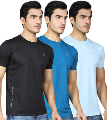 SUPERSQUAD Solid, Sporty Men Round Neck Black, Dark Blue, Light Blue T-Shirt