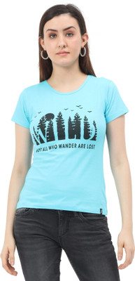 FEDAMSEL Printed, Typography Women Round Neck Light Blue T-Shirt