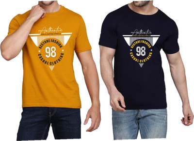 WOOSTRO Graphic Print Men Round Neck Yellow, Dark Blue T-Shirt