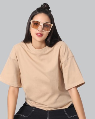 DOGMAN Solid Women Round Neck Beige T-Shirt