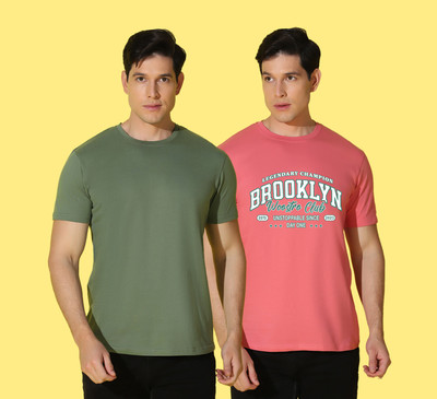 WOOSTRO Solid, Typography Men Round Neck Pink, Green T-Shirt