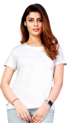 LADYBITE Solid Women Round Neck White T-Shirt
