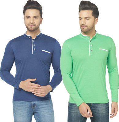 JB Jagoboy Solid Men Mandarin Collar Dark Blue, Green T-Shirt