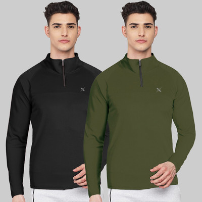 FTX Solid Men Zip Neck Black, Dark Green T-Shirt