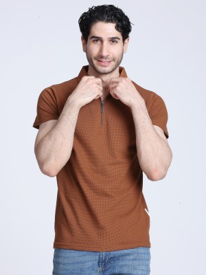 Arbour Solid Men Polo Neck Brown T-Shirt