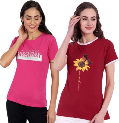 CHOZI Printed Women Round Neck Red, Pink T-Shirt