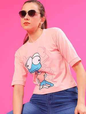V-MART Printed Women Round Neck Pink T-Shirt