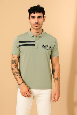 Star Fox Printed, Striped Men Polo Neck Light Green T-Shirt