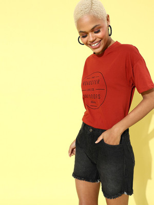 Roadster Typography Women Round Neck Red T-Shirt
