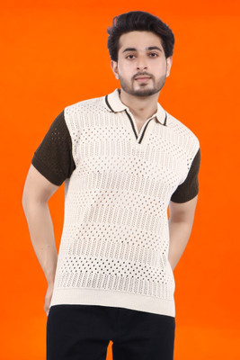 LWALS Self Design Men Polo Neck Beige, Brown T-Shirt