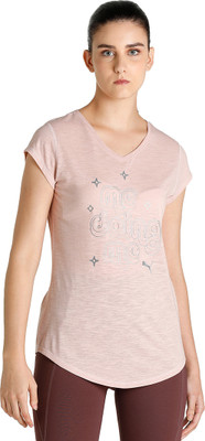 PUMA Printed Women V Neck Pink T-Shirt