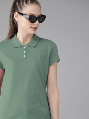 Merriment Solid Women Polo Neck Green T-Shirt