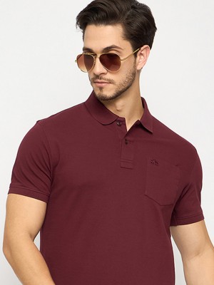 98 Degree North Solid Men Polo Neck Maroon T-Shirt