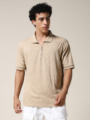 Pronk Self Design Men Polo Neck Beige T-Shirt