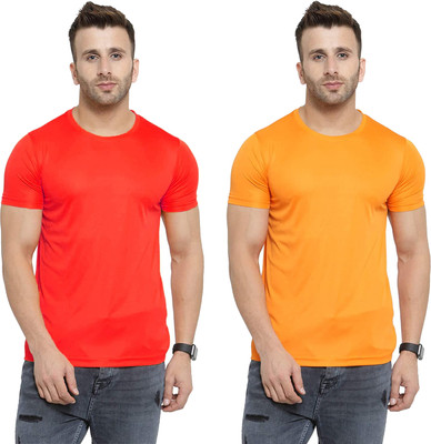Think Tech Solid Men Round Neck Red, Yellow T-Shirt