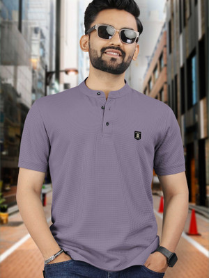 VeBNoR Solid Men Mandarin Collar Grey T-Shirt