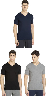 JOCKEY Solid Men V Neck Black, Grey, Dark Blue T-Shirt