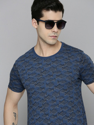 FLYING MACHINE Printed Men Round Neck Dark Blue T-Shirt