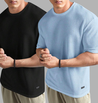 Lets Create Solid, Self Design Men Round Neck Blue T-Shirt