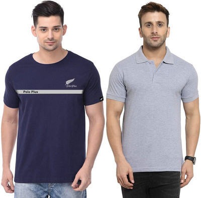 Polo Plus Printed, Solid Men Round Neck Blue, Grey T-Shirt