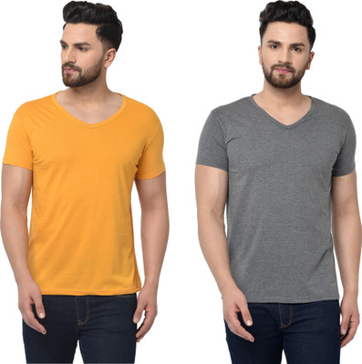 Tresna Fab Solid Men V Neck Grey, Yellow T-Shirt