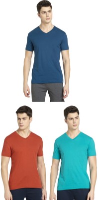 JOCKEY Solid Men V Neck Dark Blue, Light Blue, Orange T-Shirt