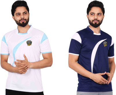 La Milano Solid, Printed Men Mandarin Collar Navy Blue T-Shirt