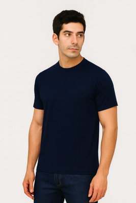 Vivaan Fab Solid Men Round Neck Navy Blue T-Shirt