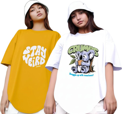 R S Fashion Printed Women Round Neck Yellow, White T-Shirt
