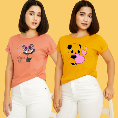 Kintu Parantu Printed Women Round Neck Pink, Yellow T-Shirt