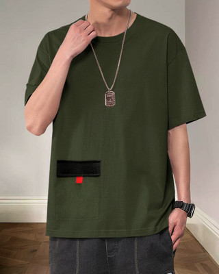 Pytton Solid Men Round Neck Dark Green T-Shirt