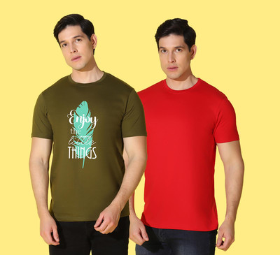 WOOSTRO Printed, Solid Men Round Neck Green, Pink T-Shirt